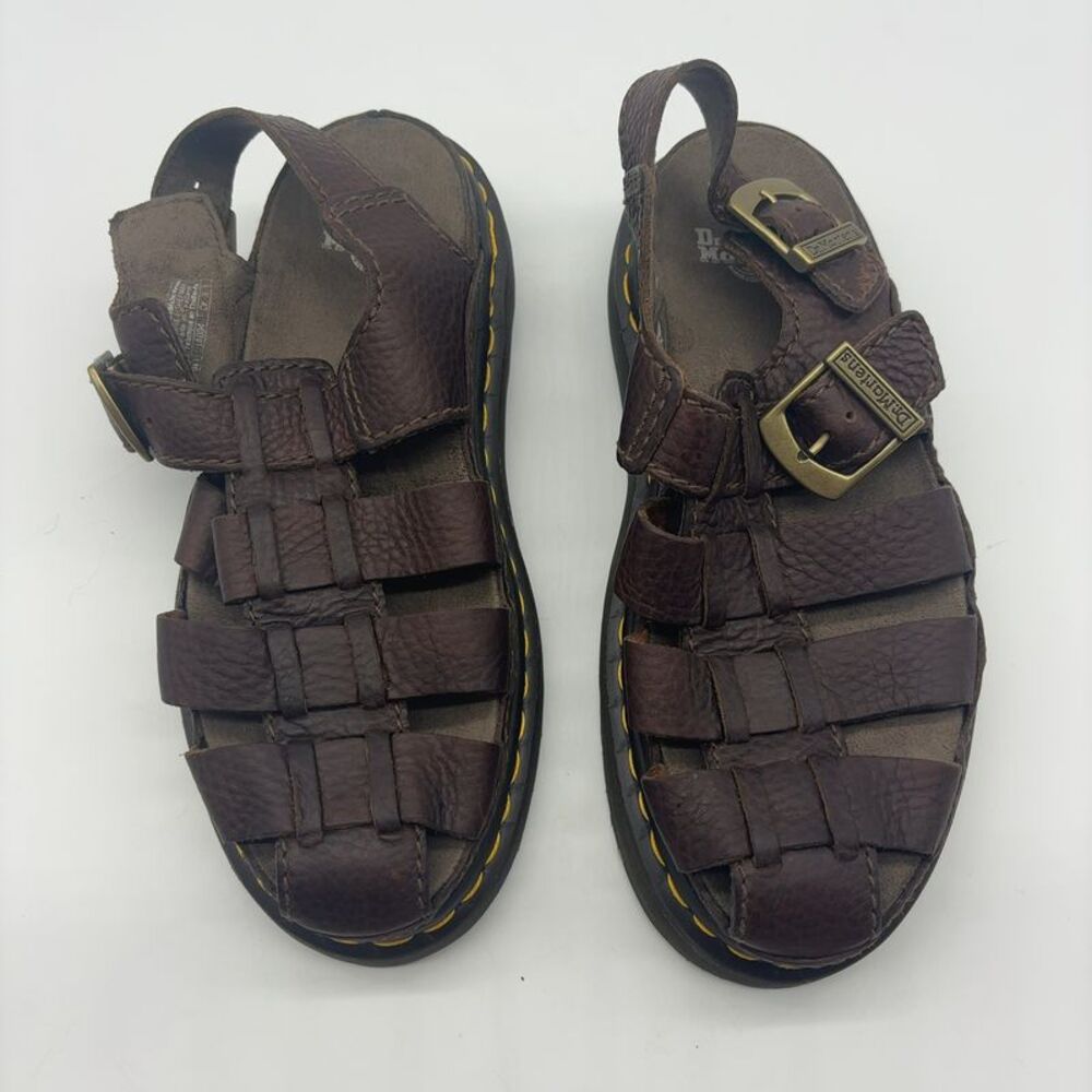 Dr. Martens Brown Leather Fisherman Sandals with Yellow Stitching